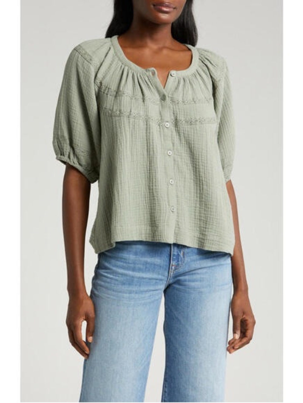 Light Sage Button-Front Peasant Top - Wren Puff Sleeve